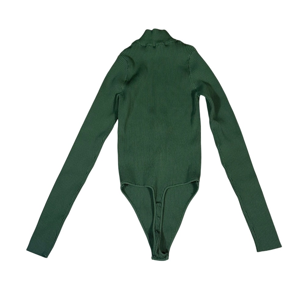 Good American Virgo Bodysuit NWOT Women's S Green Ribbed 1/4 Zip Mock Neck Thong - Picture 3 of 9
